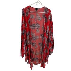 a.n.a. Red Floral Kimono Cardigan Cover Up Open Front 100% Rayon Size L-XL